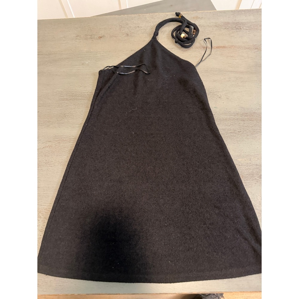 HM Divided Black Knit Halter Mini Dress Beaded Tie Neck Medium